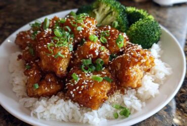 Close-up of Honey Garlic Chicken Bites coated in a shiny glaze, served over white rice with steamed broccoli and green onions.