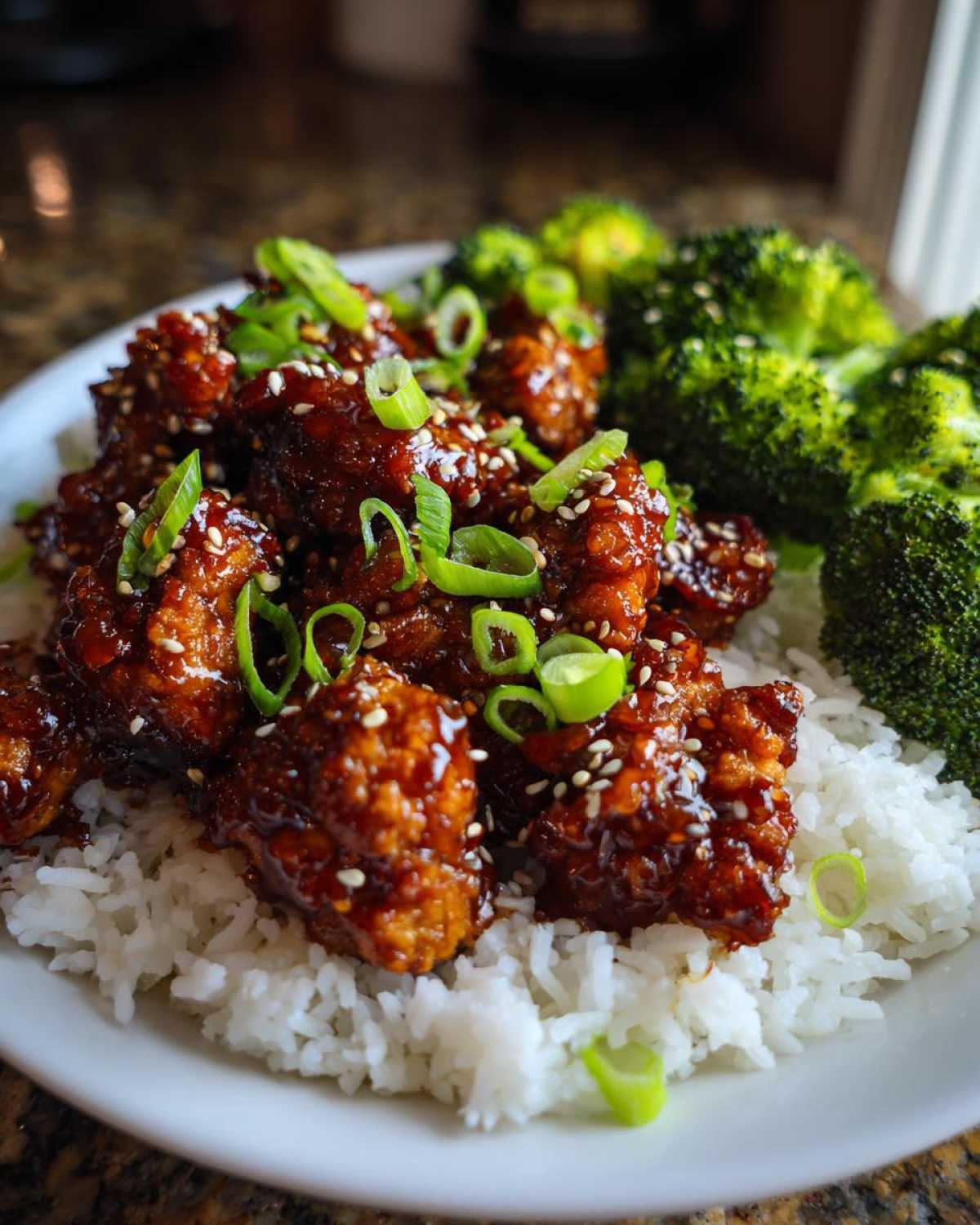 Close-up of Honey Garlic Chicken Bites coated in a dark glaze, served over white rice with steamed broccoli and green onions.