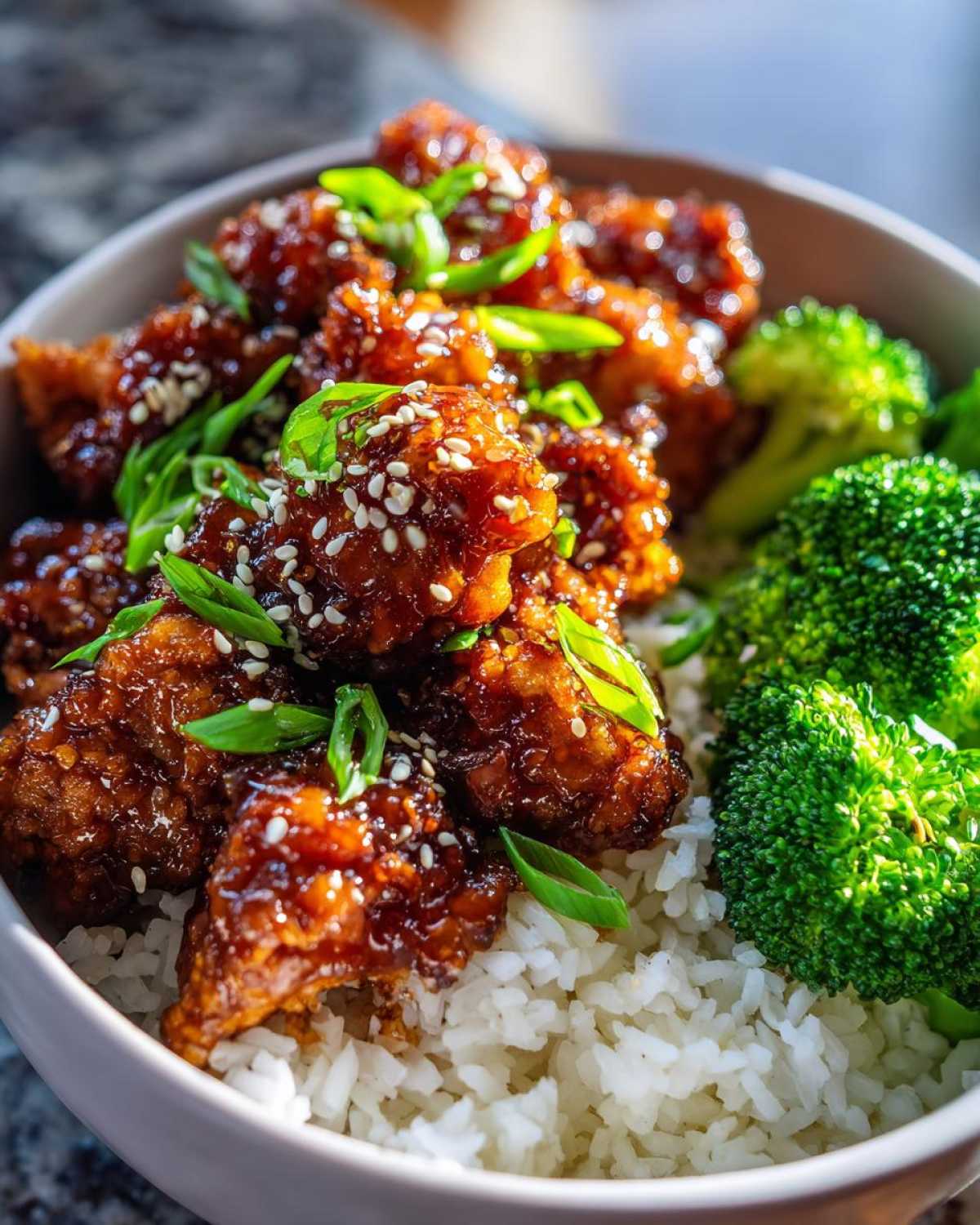 Close-up of Honey Garlic Chicken Bites coated in a shiny glaze, served over white rice with steamed broccoli and green onions.