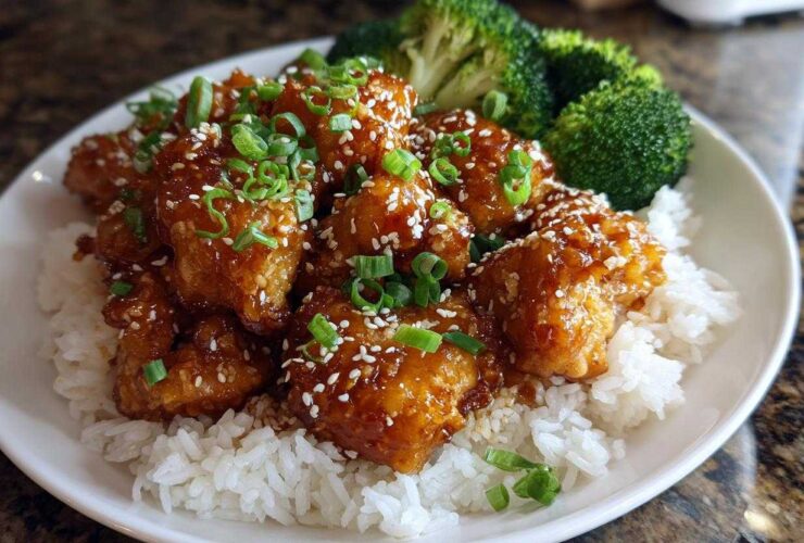 Close-up of Honey Garlic Chicken Bites coated in a shiny glaze, served over white rice with steamed broccoli and green onions.