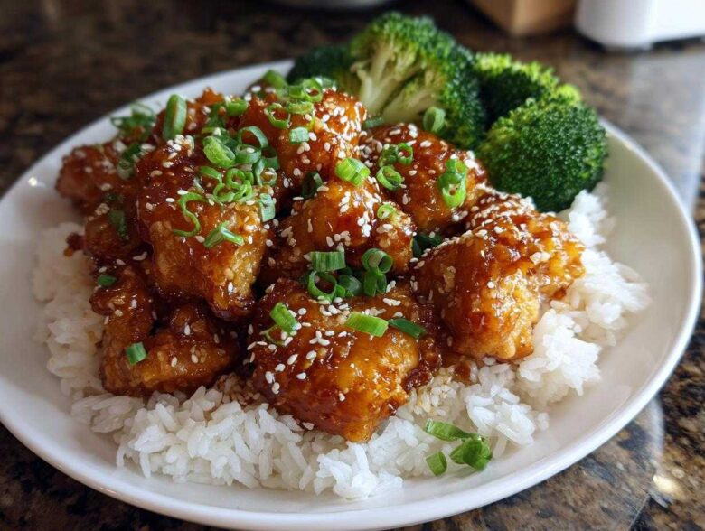 Close-up of Honey Garlic Chicken Bites coated in a shiny glaze, served over white rice with steamed broccoli and green onions.
