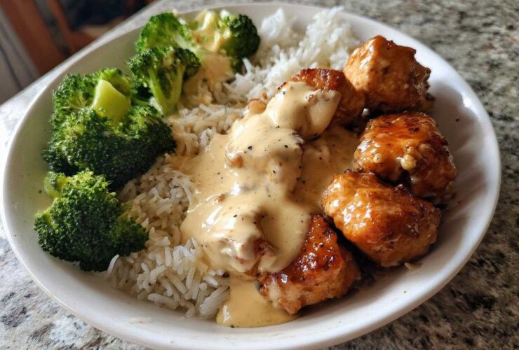 A close-up of a Honey Garlic Chicken Bowl featuring glazed chicken pieces, white rice, steamed broccoli, and a generous drizzle of creamy sauce.