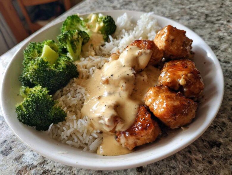 A close-up of a Honey Garlic Chicken Bowl featuring glazed chicken pieces, white rice, steamed broccoli, and a generous drizzle of creamy sauce.