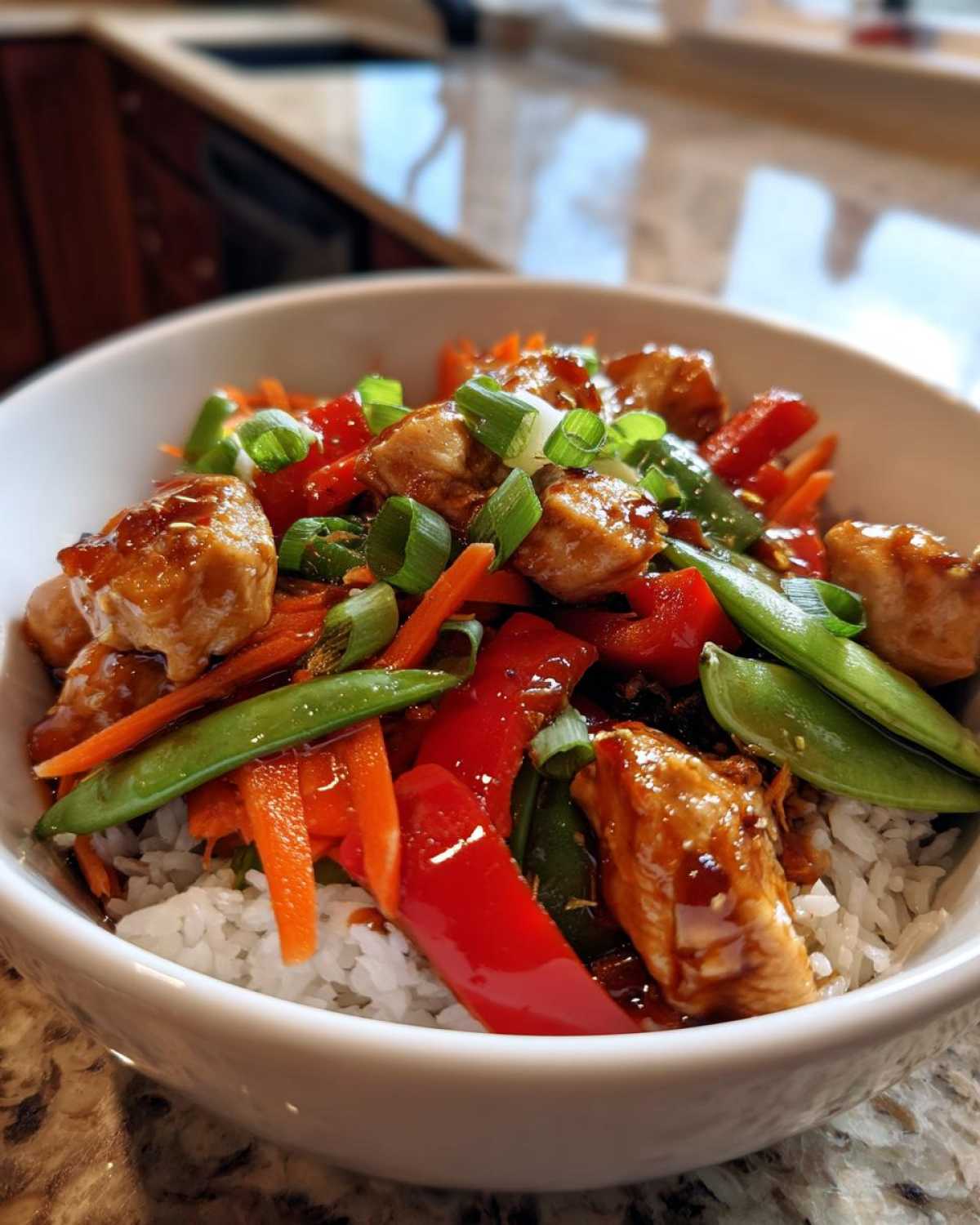 Close-up of a Honey Garlic Chicken Bowl with white rice, glazed chicken pieces, red peppers, carrots, snow peas, and green onions.