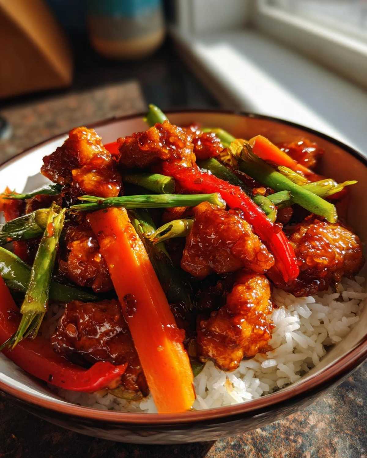 Close-up of a Honey Garlic Chicken Bowl featuring glazed chicken pieces, bright green beans, red peppers, and carrots over white rice.