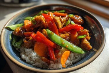 A close-up of a Honey Garlic Chicken Bowl featuring crispy chicken, red peppers, carrots, and snow peas over white rice.