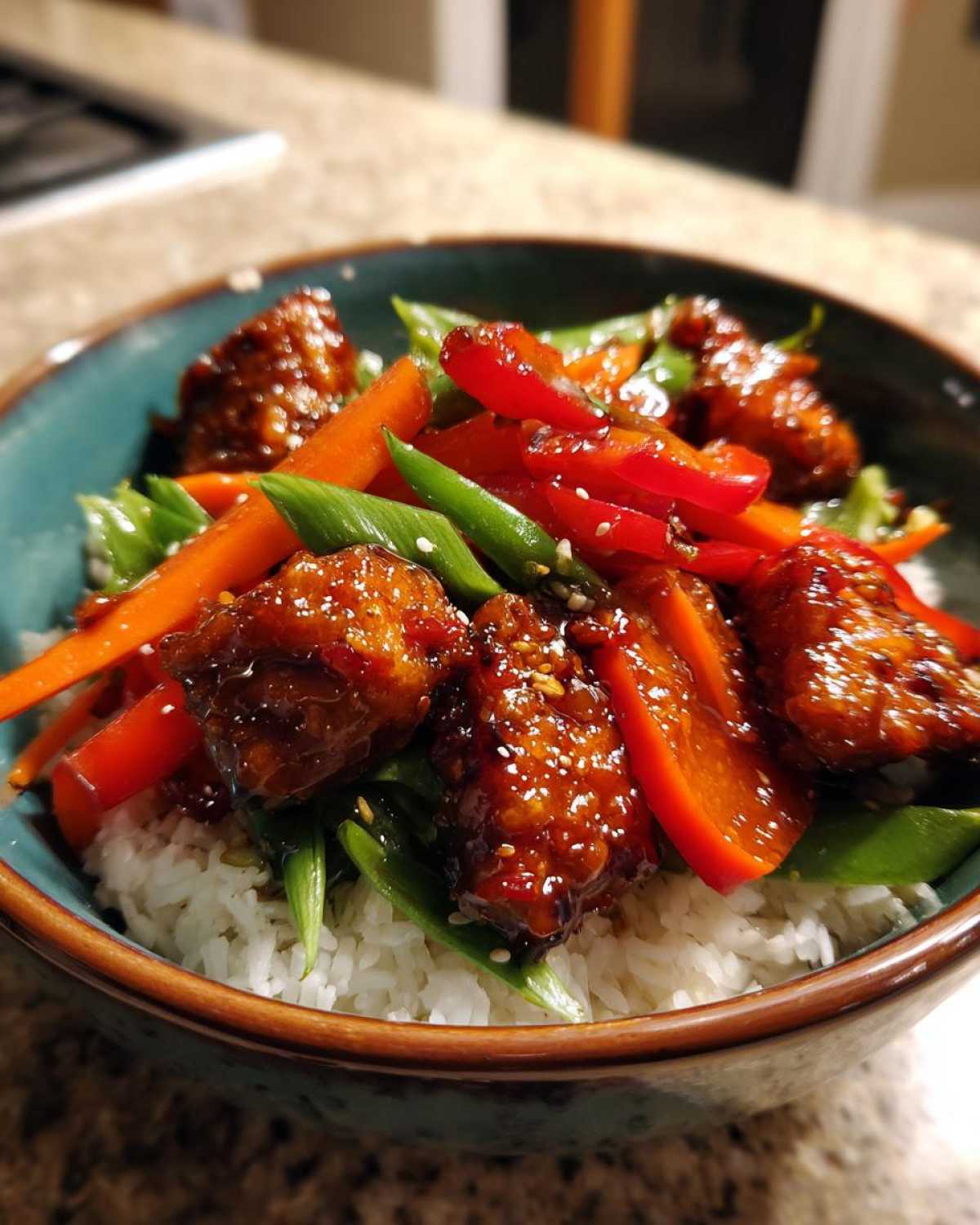 Close-up of a Honey Garlic Chicken Bowl featuring sticky glazed chicken pieces over white rice with vibrant red peppers and green beans.