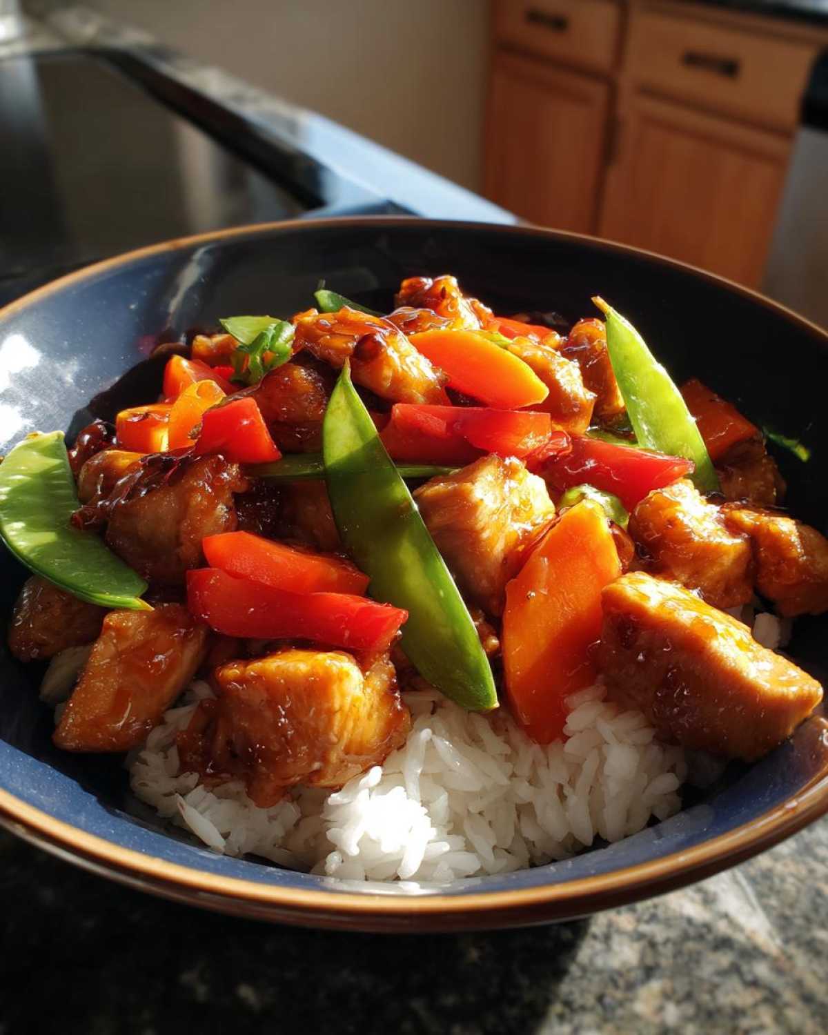 A close-up of a Honey Garlic Chicken Bowl featuring glazed chicken pieces over white rice, topped with bright red peppers and snow peas.