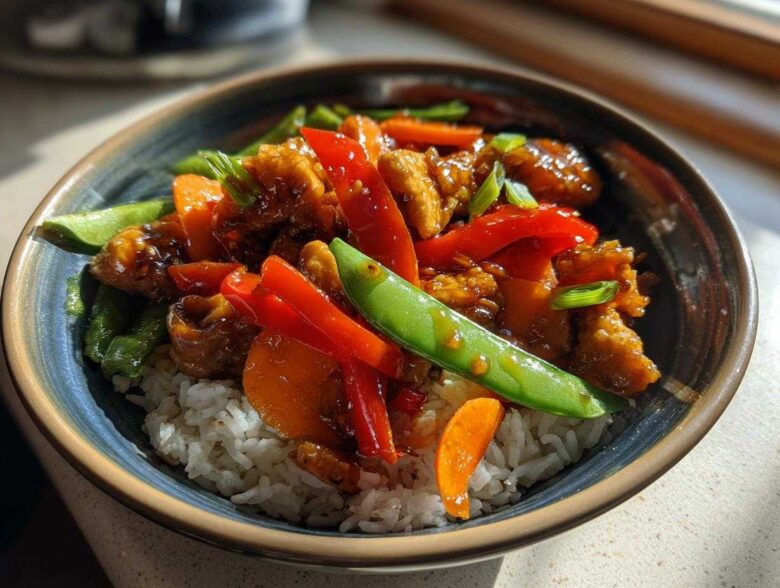 A close-up of a Honey Garlic Chicken Bowl featuring crispy chicken, red peppers, carrots, and snow peas over white rice.