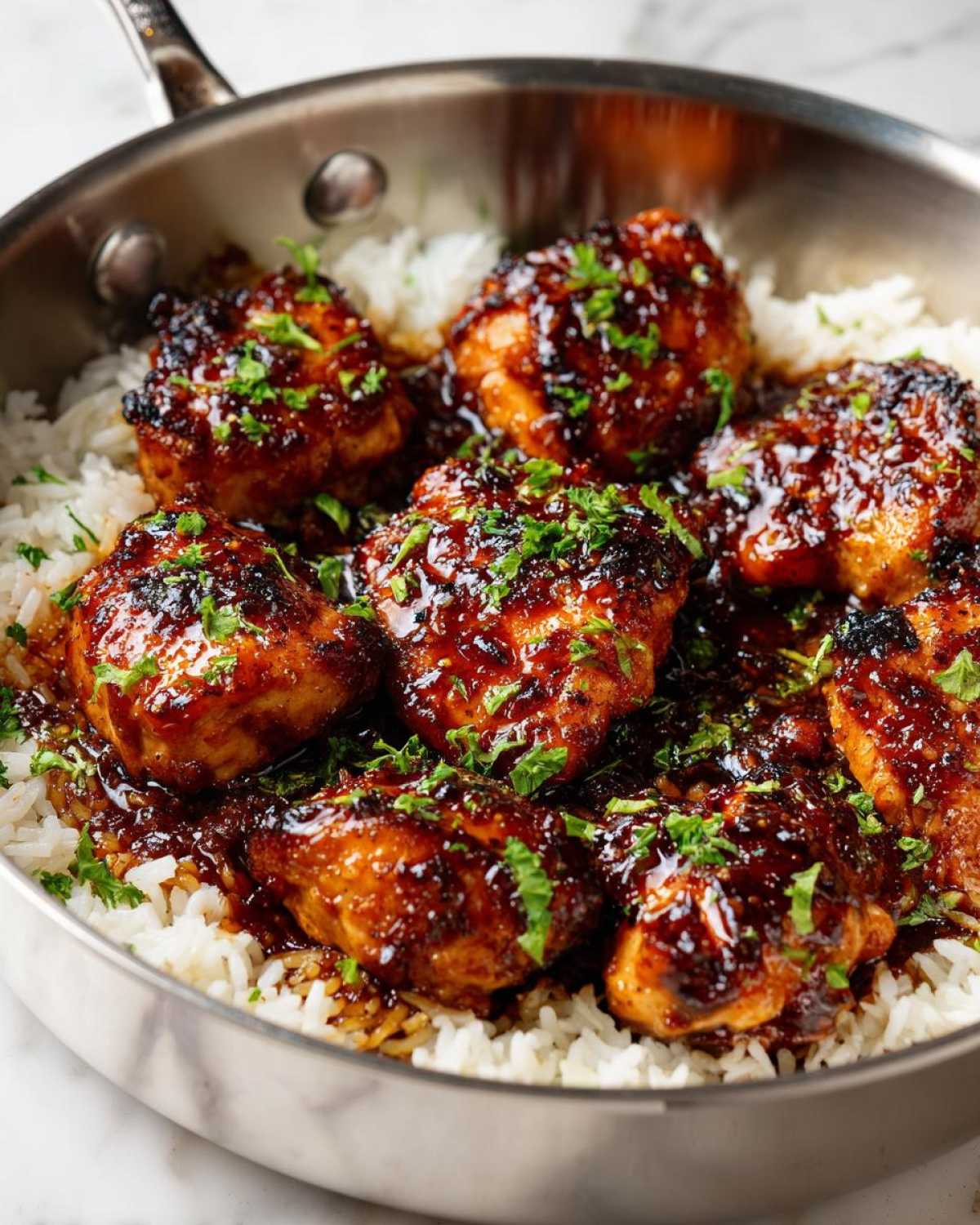 Close-up of Honey Garlic Chicken Skillet with Rice, featuring glazed chicken thighs over white rice, garnished with parsley.