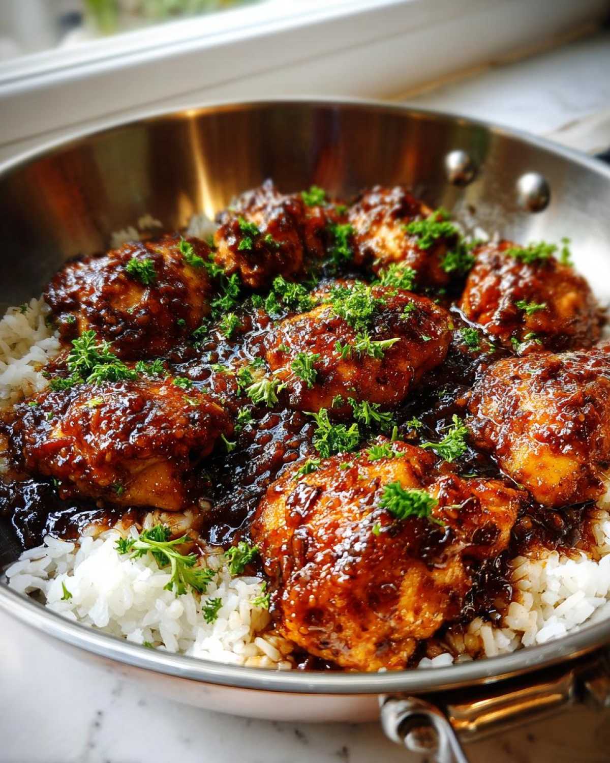 Close-up of glossy Honey Garlic Chicken Skillet with Rice, topped with fresh parsley in a stainless steel pan.