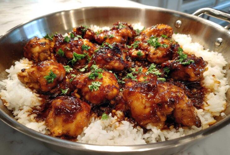 Glazed chicken pieces served over white rice in a stainless steel skillet, featuring the Honey Garlic Chicken Skillet with Rice.