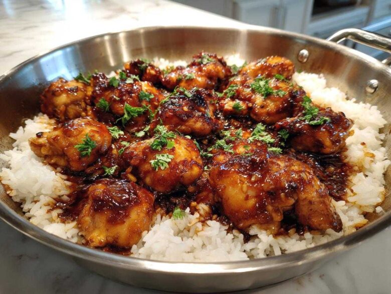 Glazed chicken pieces served over white rice in a stainless steel skillet, featuring the Honey Garlic Chicken Skillet with Rice.