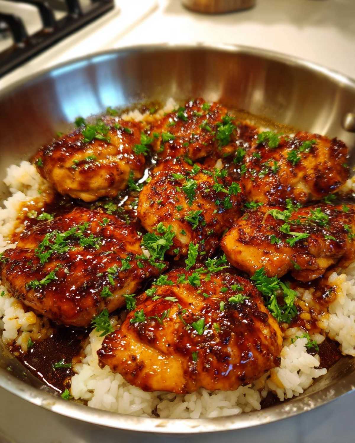 Close-up of Honey Garlic Chicken Skillet with Rice, featuring glazed chicken pieces over white rice, garnished with parsley.
