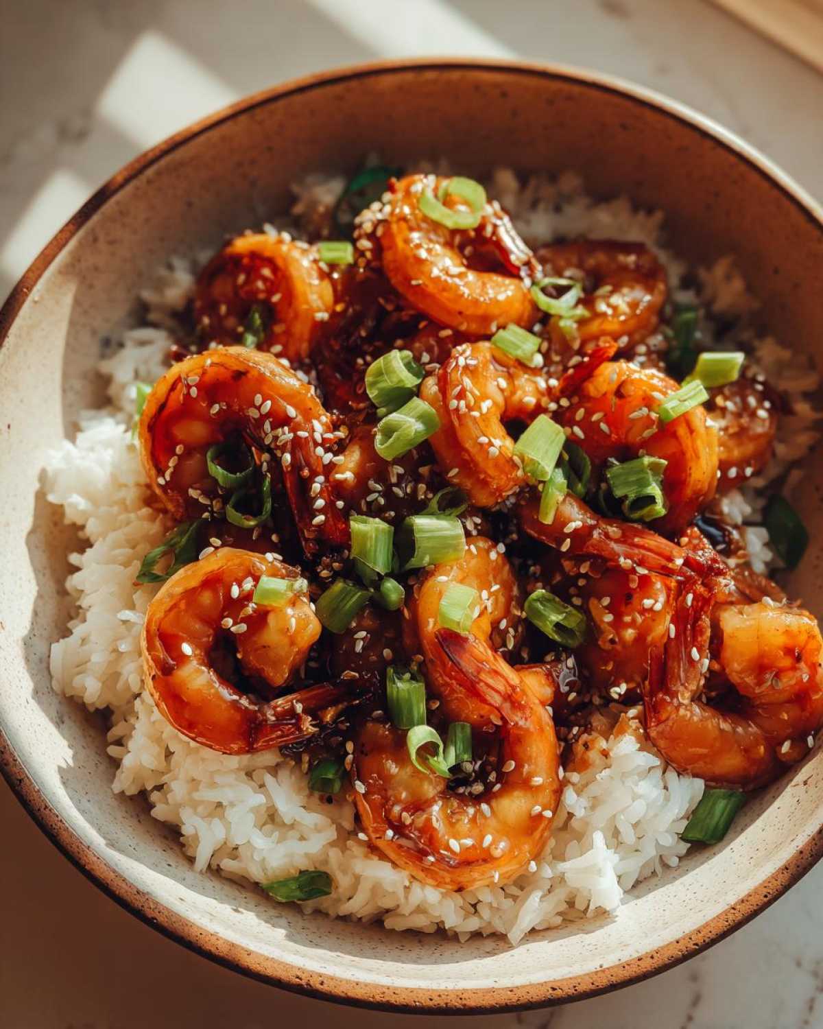 Close-up of a Honey Garlic Shrimp Bowl Quick Dinner with glazed shrimp over white rice, topped with sesame seeds and green onions.