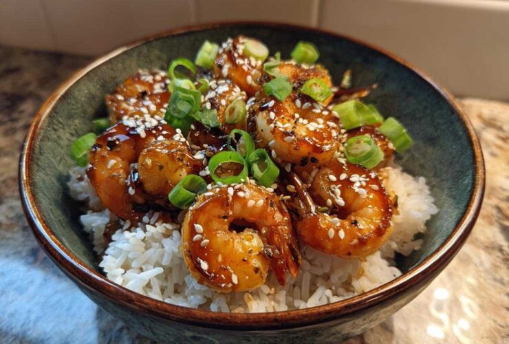 Close-up of a Honey Garlic Shrimp Bowl Quick Dinner featuring glazed shrimp over white rice, topped with sesame seeds and green onions.
