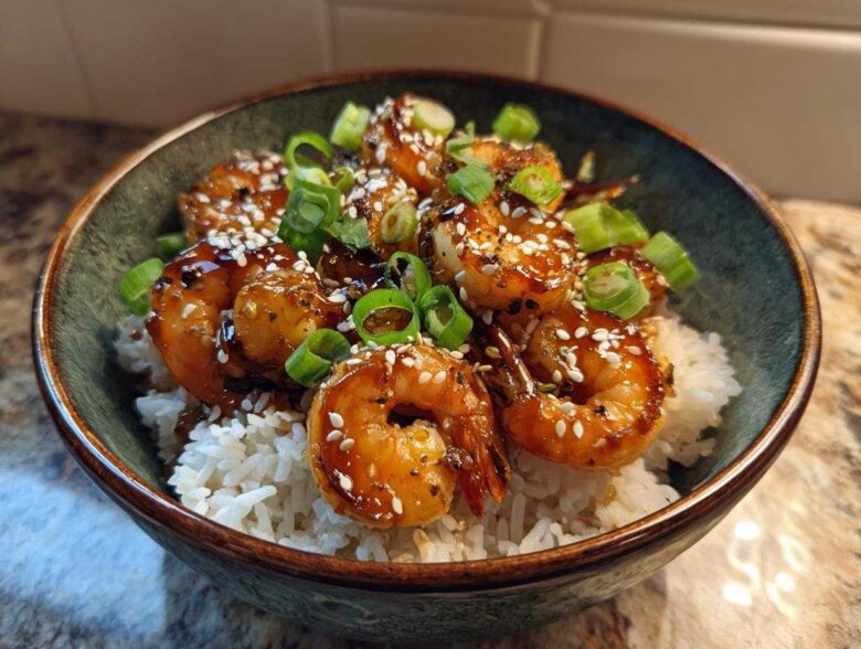 Close-up of a Honey Garlic Shrimp Bowl Quick Dinner featuring glazed shrimp over white rice, topped with sesame seeds and green onions.