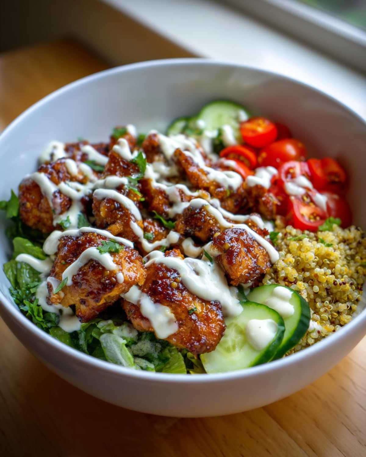 Close-up of a Honey Mustard Chicken Bowl featuring glazed chicken pieces drizzled with creamy sauce over greens, quinoa, cucumbers, and tomatoes.