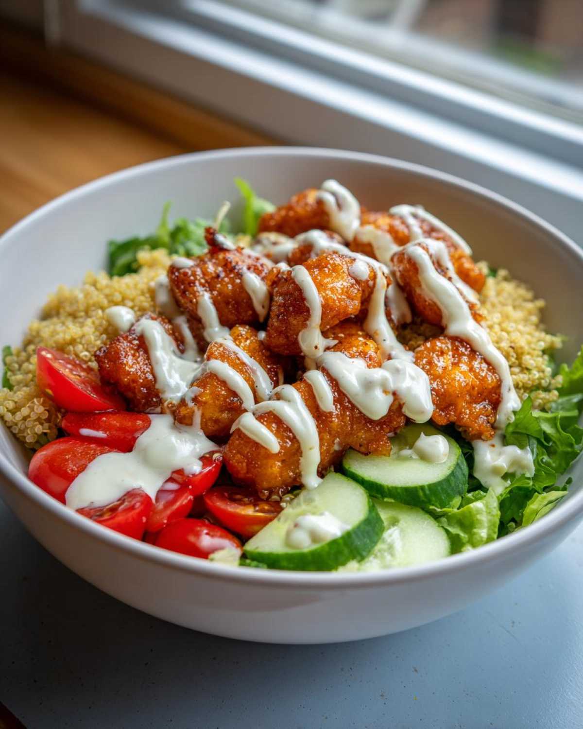 Close-up of a Honey Mustard Chicken Bowl featuring crispy chicken pieces drizzled with creamy sauce over quinoa and fresh vegetables.