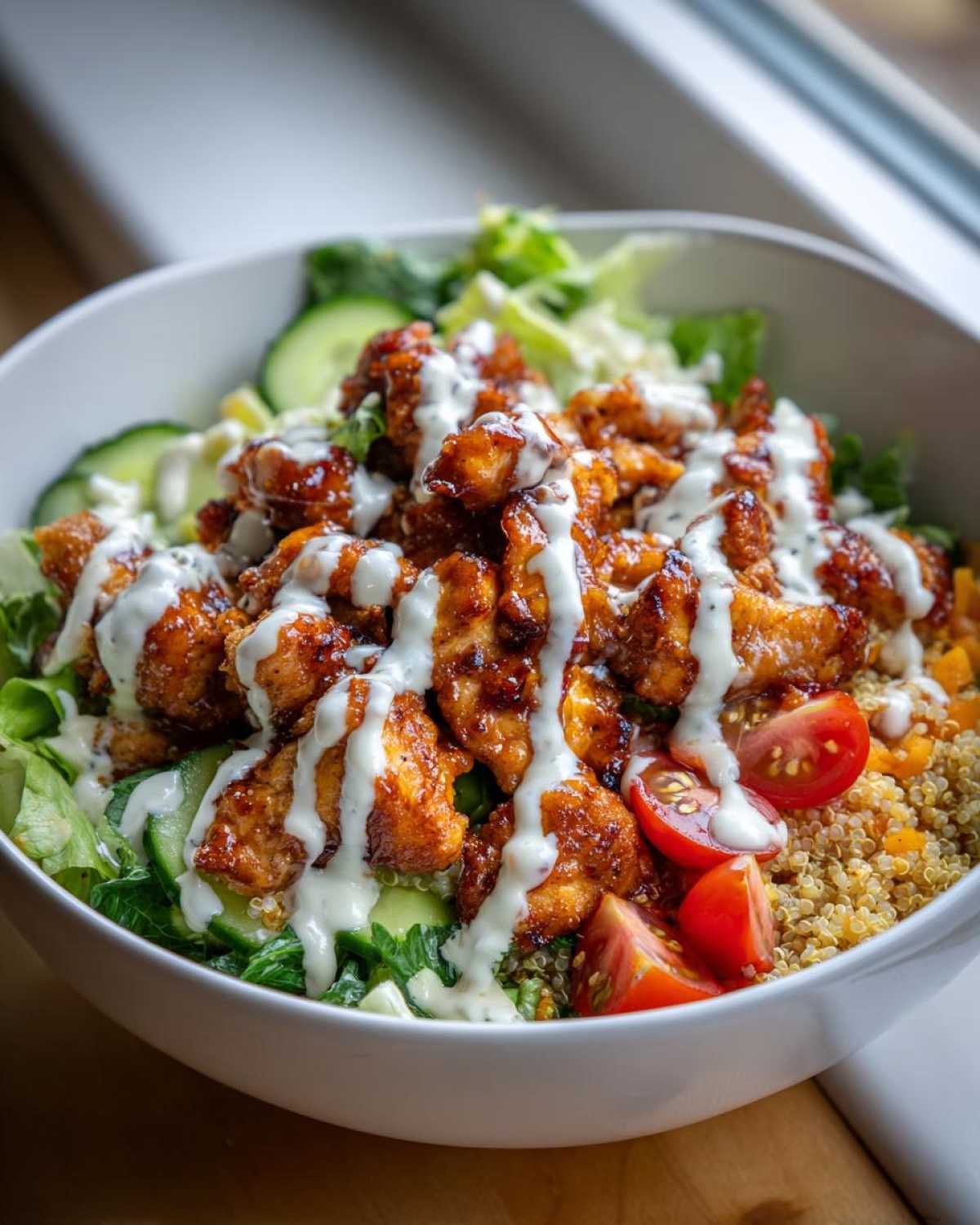 Close-up of a Honey Mustard Chicken Bowl featuring glazed chicken pieces drizzled with creamy sauce over quinoa and greens.