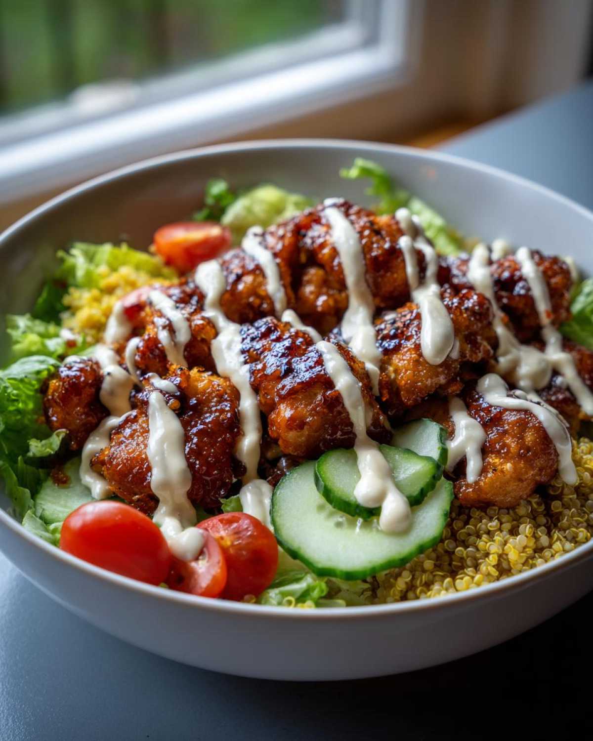 Close-up of a Honey Mustard Chicken Bowl featuring glazed chicken pieces drizzled with creamy sauce over quinoa and fresh vegetables.