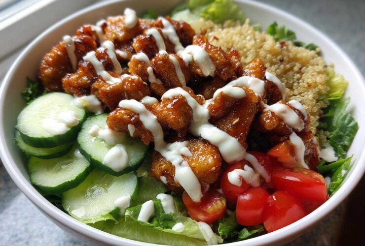 Close-up of a Honey Mustard Chicken Bowl featuring glazed chicken pieces drizzled with creamy sauce, cucumbers, tomatoes, and quinoa.