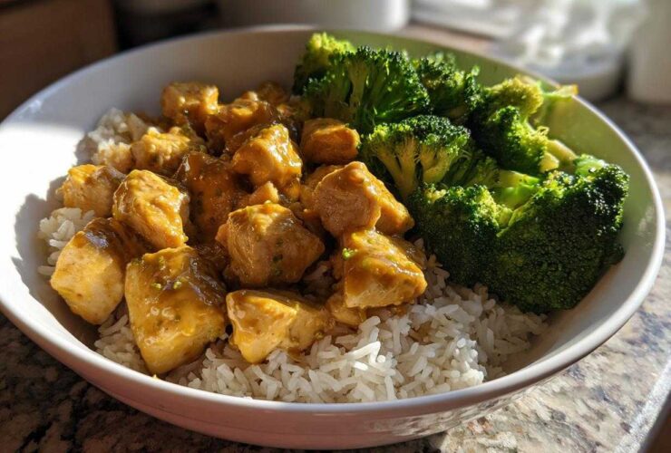 A close-up of a Honey Mustard Chicken Bowl with Rice, featuring cubed chicken coated in sauce next to bright green steamed broccoli.