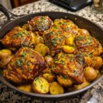 Close-up of crispy Honey Mustard Chicken Skillet with Potatoes coated in a rich sauce and garnished with parsley.