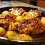 Close-up of golden-brown Honey Mustard Chicken Skillet with Potatoes simmering in a dark pan.