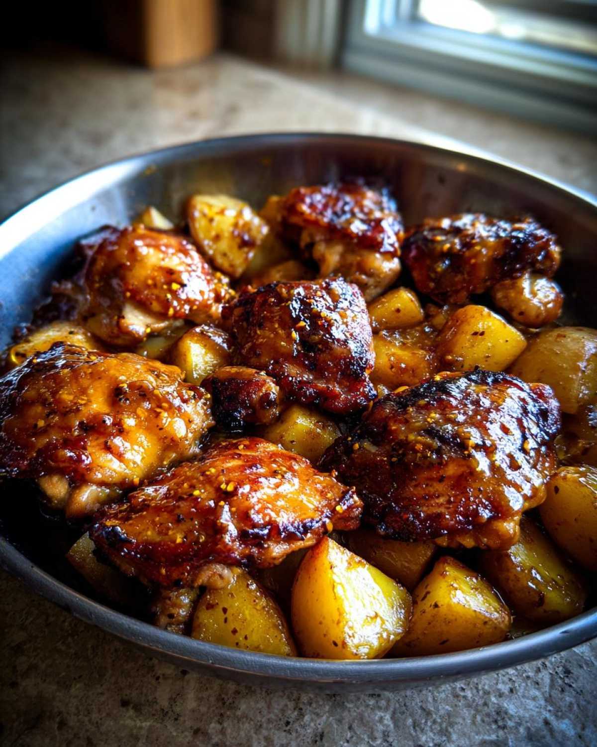 Close-up of Honey Mustard Chicken Skillet with Potatoes, featuring glazed chicken thighs nestled among roasted potato chunks in a metal skillet.
