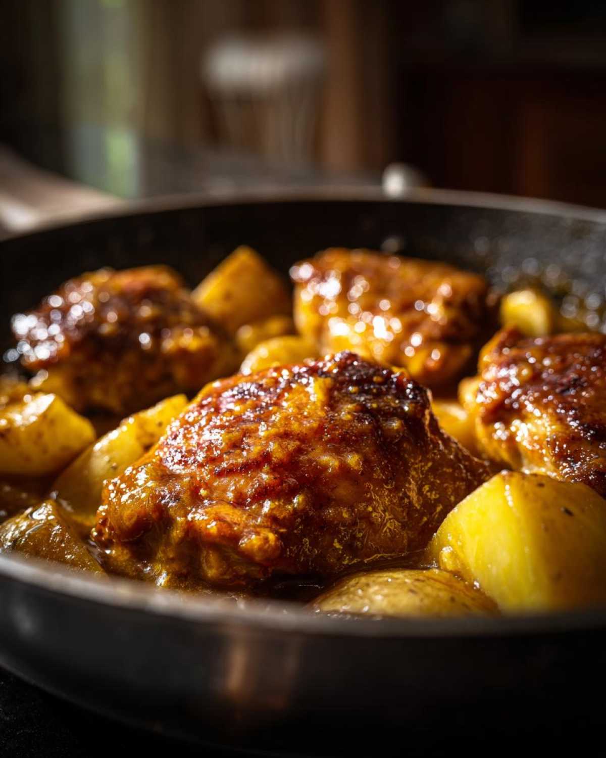 Close-up of glazed chicken thighs cooking in a skillet with chunks of potatoes in a rich honey mustard sauce.