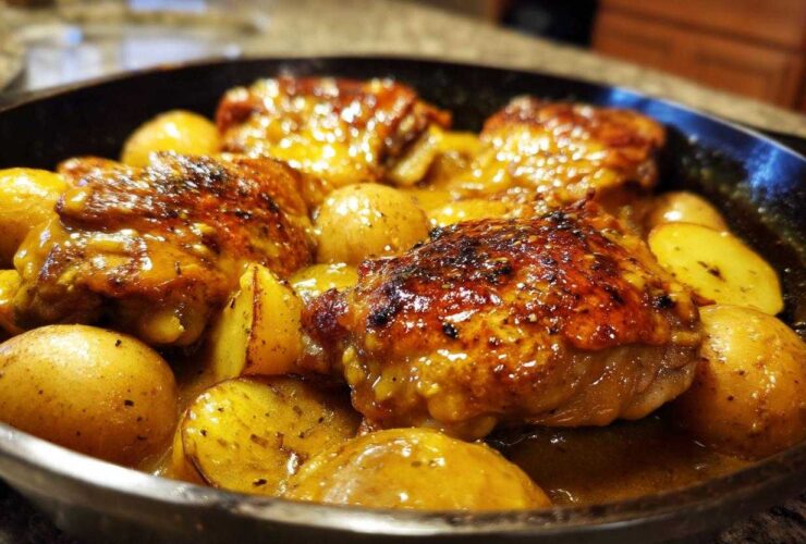 Close-up of golden-brown Honey Mustard Chicken Skillet with Potatoes simmering in a dark pan.