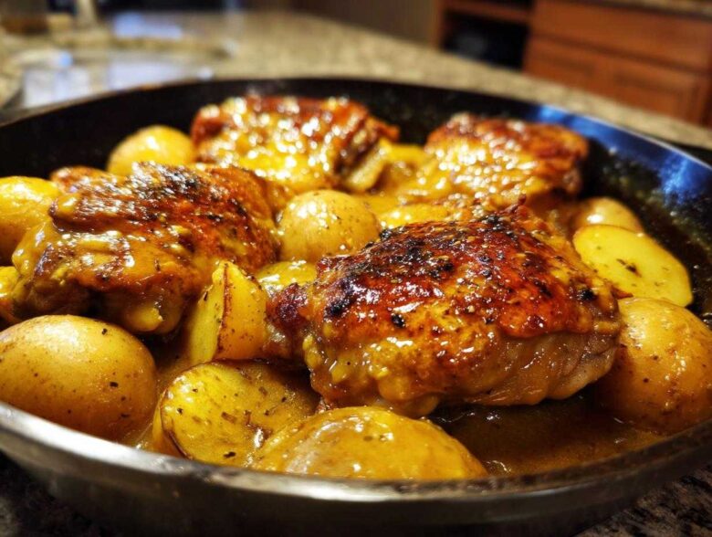 Close-up of golden-brown Honey Mustard Chicken Skillet with Potatoes simmering in a dark pan.