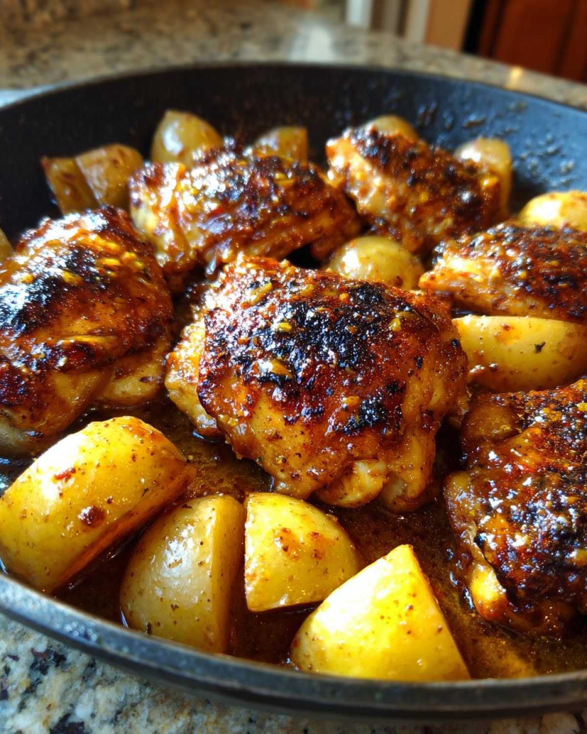 Close-up of caramelized Honey Mustard Chicken Skillet with Potatoes cooking in a dark skillet.
