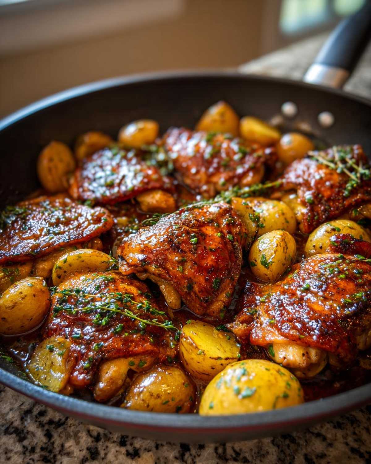 Close-up of glazed chicken thighs and small roasted potatoes in a skillet, featuring Honey Mustard Chicken Skillet with Potatoes.