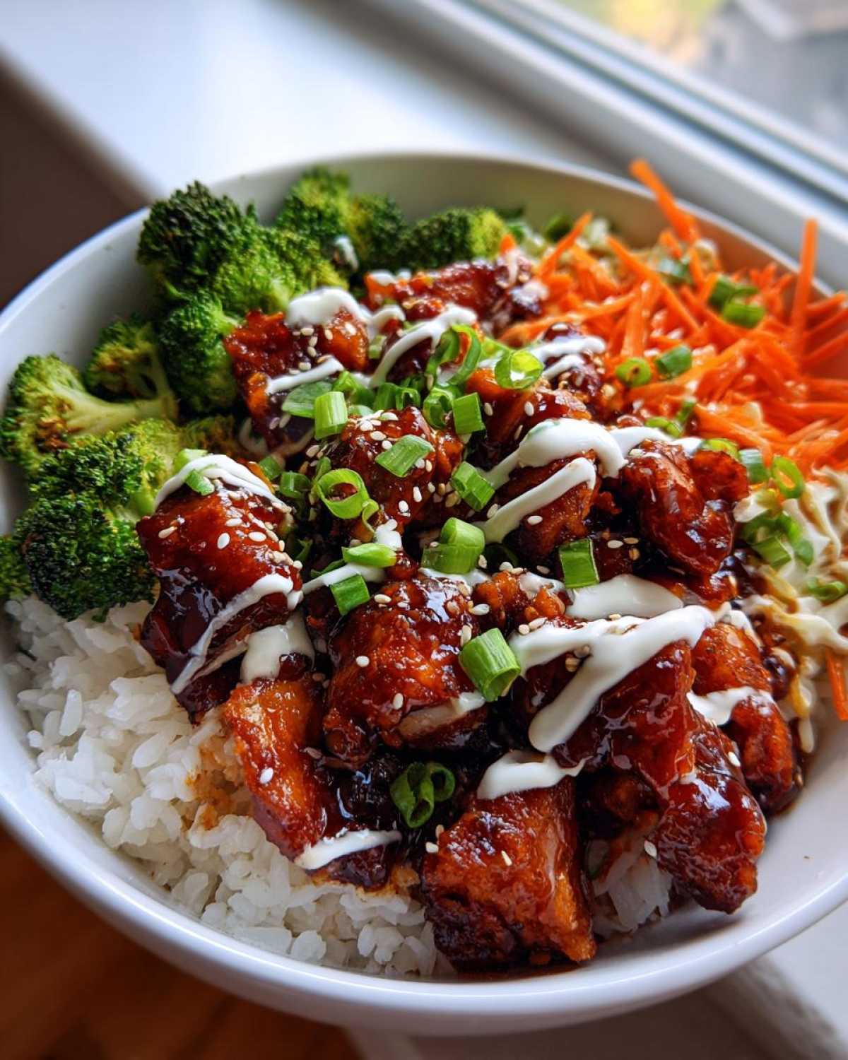 Close-up of a Honey Soy Chicken Bowl featuring glazed chicken pieces over rice, topped with broccoli, carrots, and a drizzle of garlic sauce.