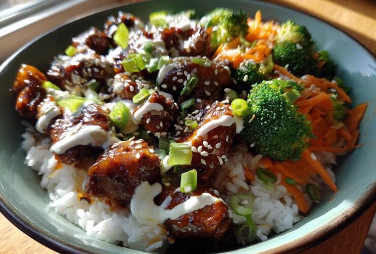 A close-up of a Honey Soy Chicken Bowl featuring glazed chicken pieces over white rice, topped with broccoli, carrots, and a drizzle of white sauce.