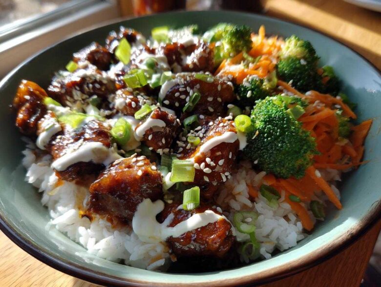 A close-up of a Honey Soy Chicken Bowl featuring glazed chicken pieces over white rice, topped with broccoli, carrots, and a drizzle of white sauce.