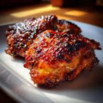 Close-up of two Honey Soy Chicken Thighs with crispy, caramelized edges on a white plate.