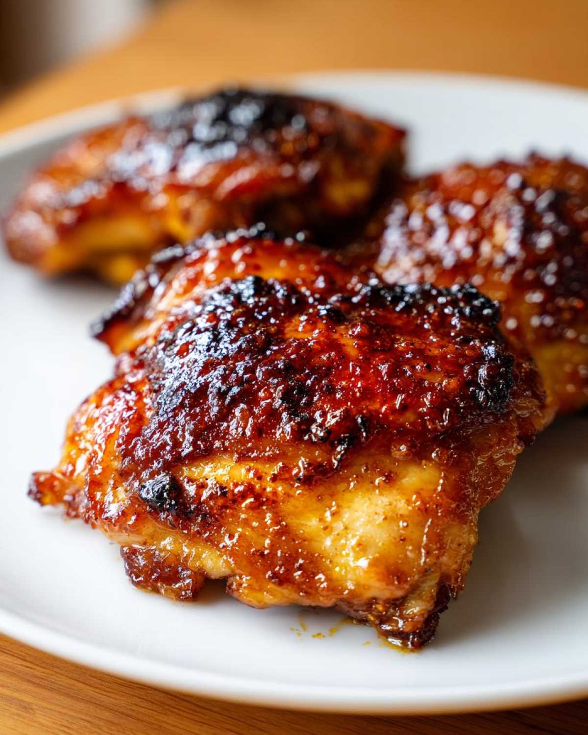 Close-up of three Honey Soy Chicken Thighs with crispy, caramelized edges on a white plate.