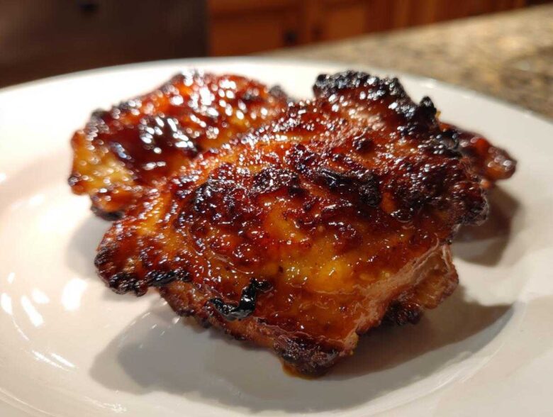 Close-up of a perfectly cooked Honey Soy Chicken Thighs with crispy, caramelized edges and a shiny glaze.