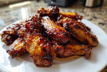 A pile of glossy, caramelized Honey Soy Chicken Wings Crispy Oven Baked stacked on a white plate.