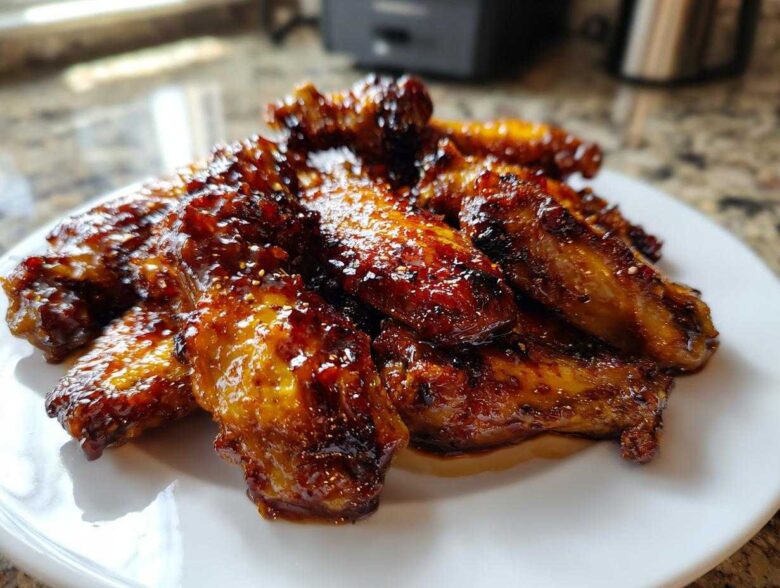 A pile of glossy, caramelized Honey Soy Chicken Wings Crispy Oven Baked stacked on a white plate.