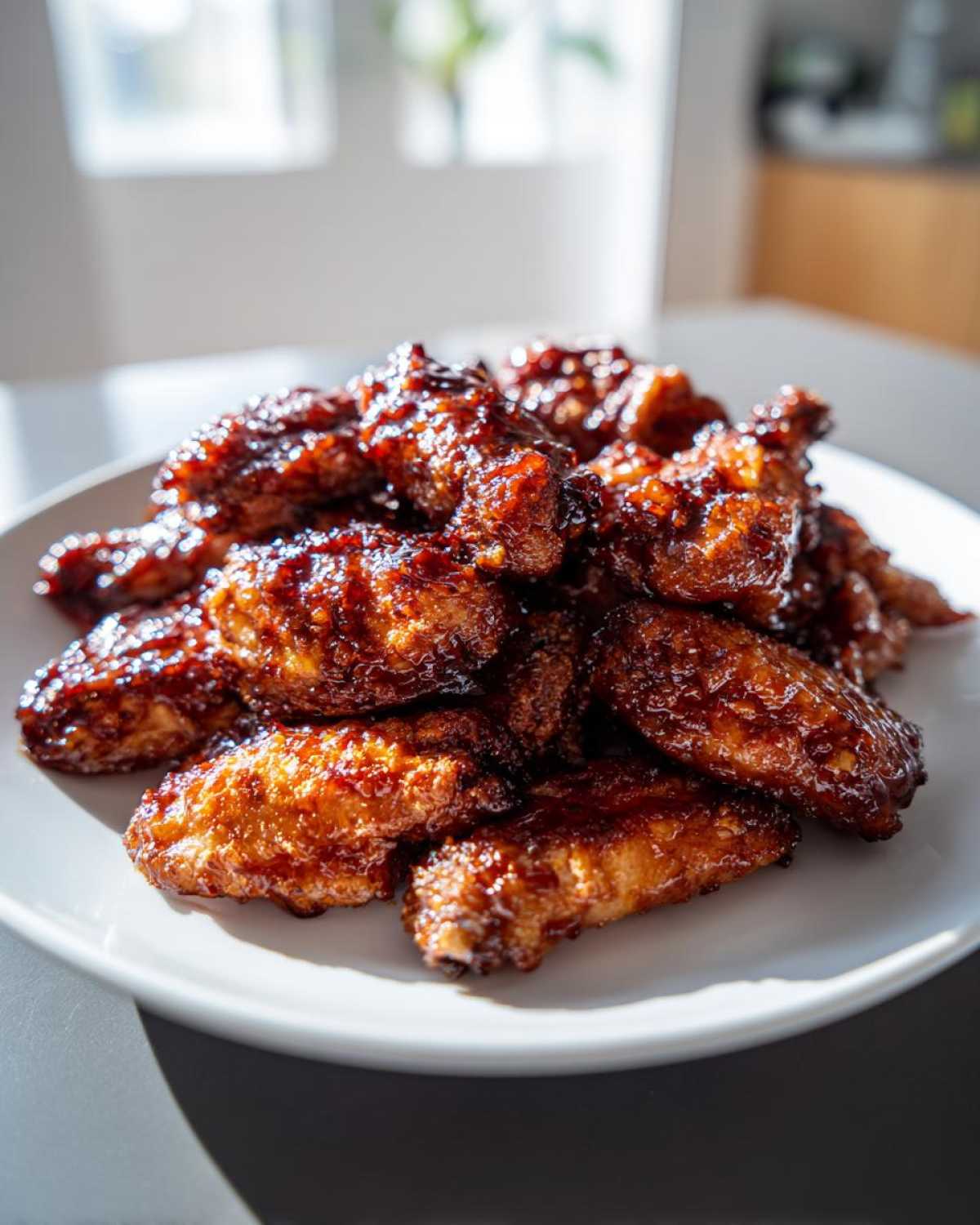 A pile of glossy, sticky Honey Soy Chicken Wings Crispy Oven Baked stacked on a white plate.