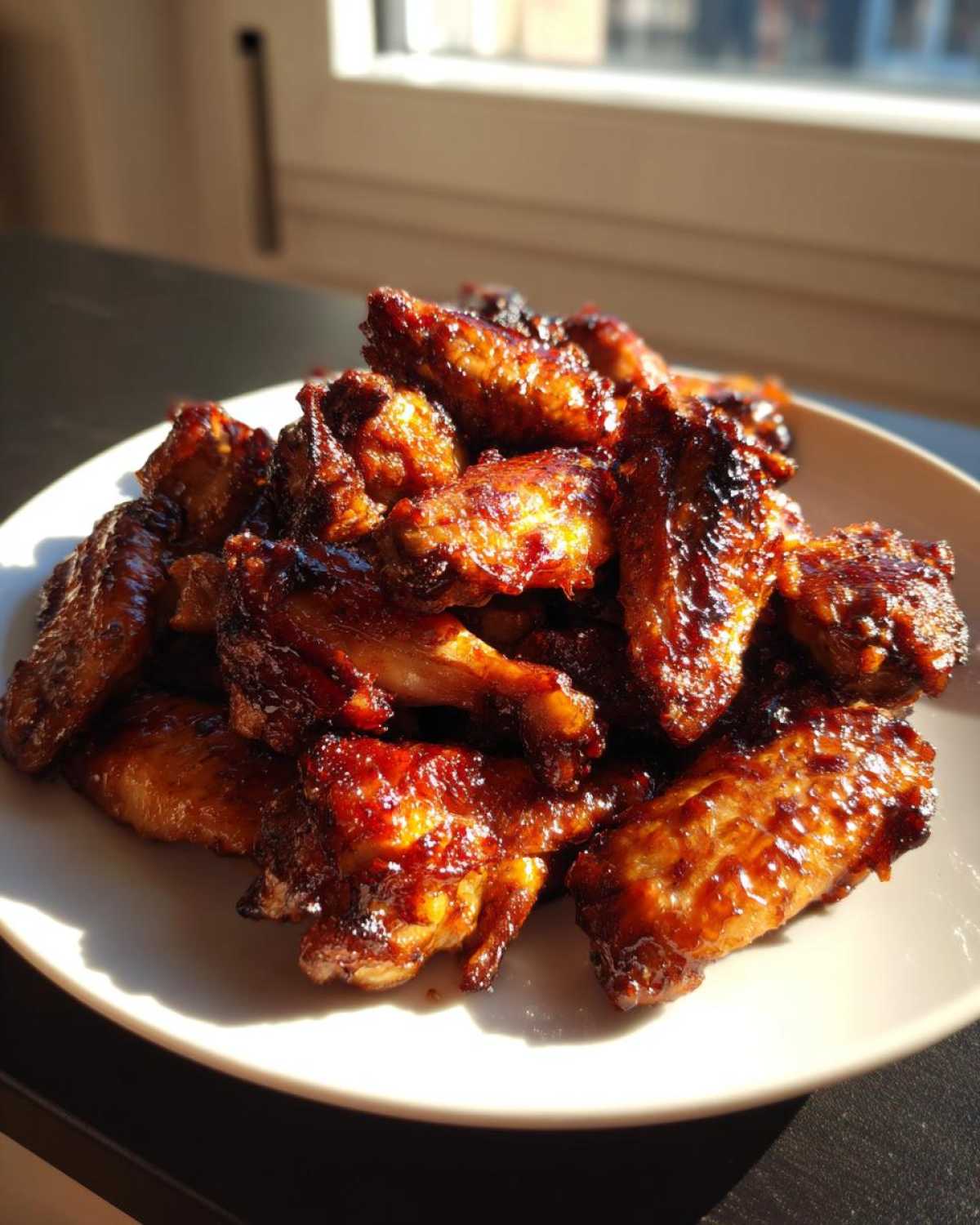 A pile of glossy, dark glazed Honey Soy Chicken Wings Crispy Oven Baked stacked on a white plate.