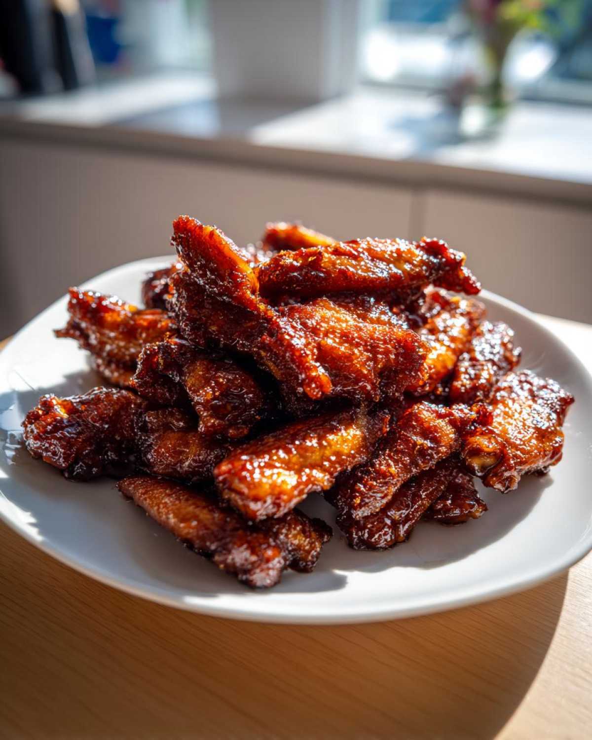 A pile of glossy, dark glazed Honey Soy Chicken Wings Crispy Oven Baked stacked on a white plate.