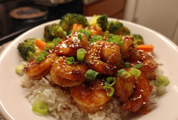Close-up of a Honey Soy Shrimp Bowl with rice, topped with glossy glazed shrimp, sesame seeds, and green onions.