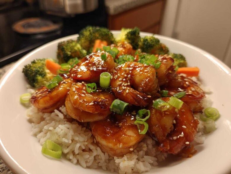 Close-up of a Honey Soy Shrimp Bowl with rice, topped with glossy glazed shrimp, sesame seeds, and green onions.
