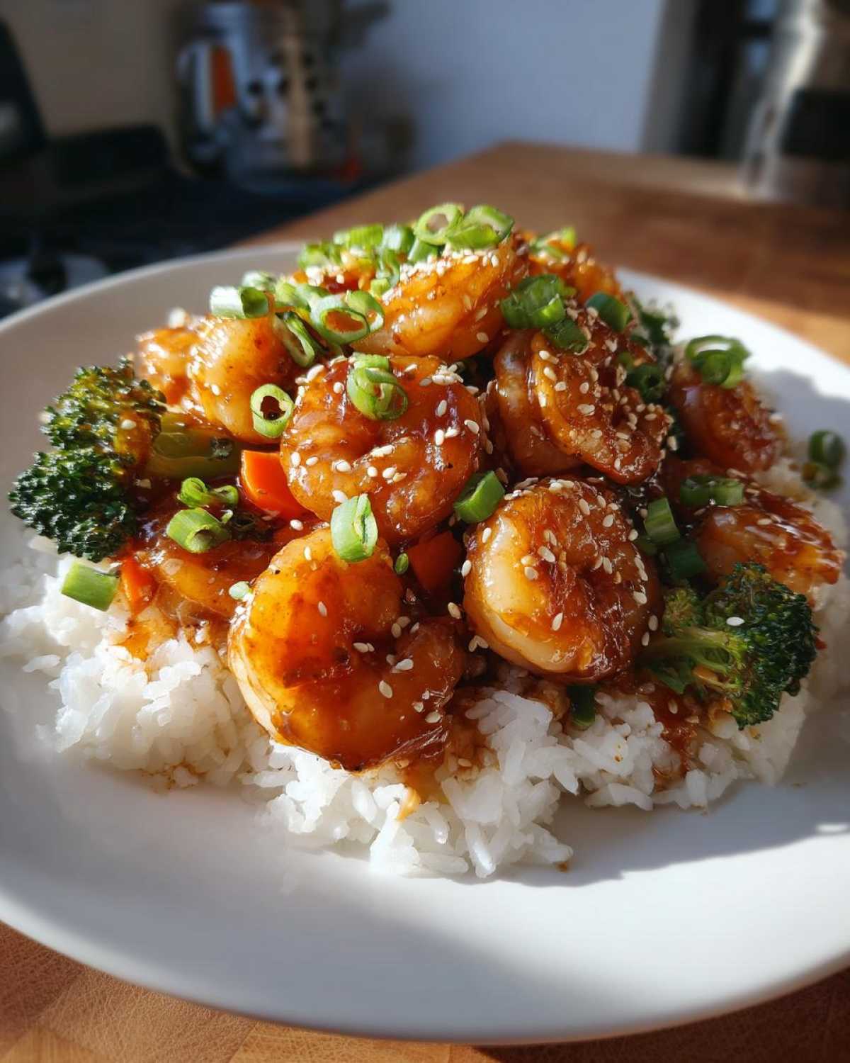 Close-up of a Honey Soy Shrimp Bowl with rice, topped with glazed shrimp, broccoli, and green onions.