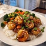 A close-up of a Honey Soy Shrimp Bowl with rice, topped with sesame seeds and green onions, served with steamed broccoli.